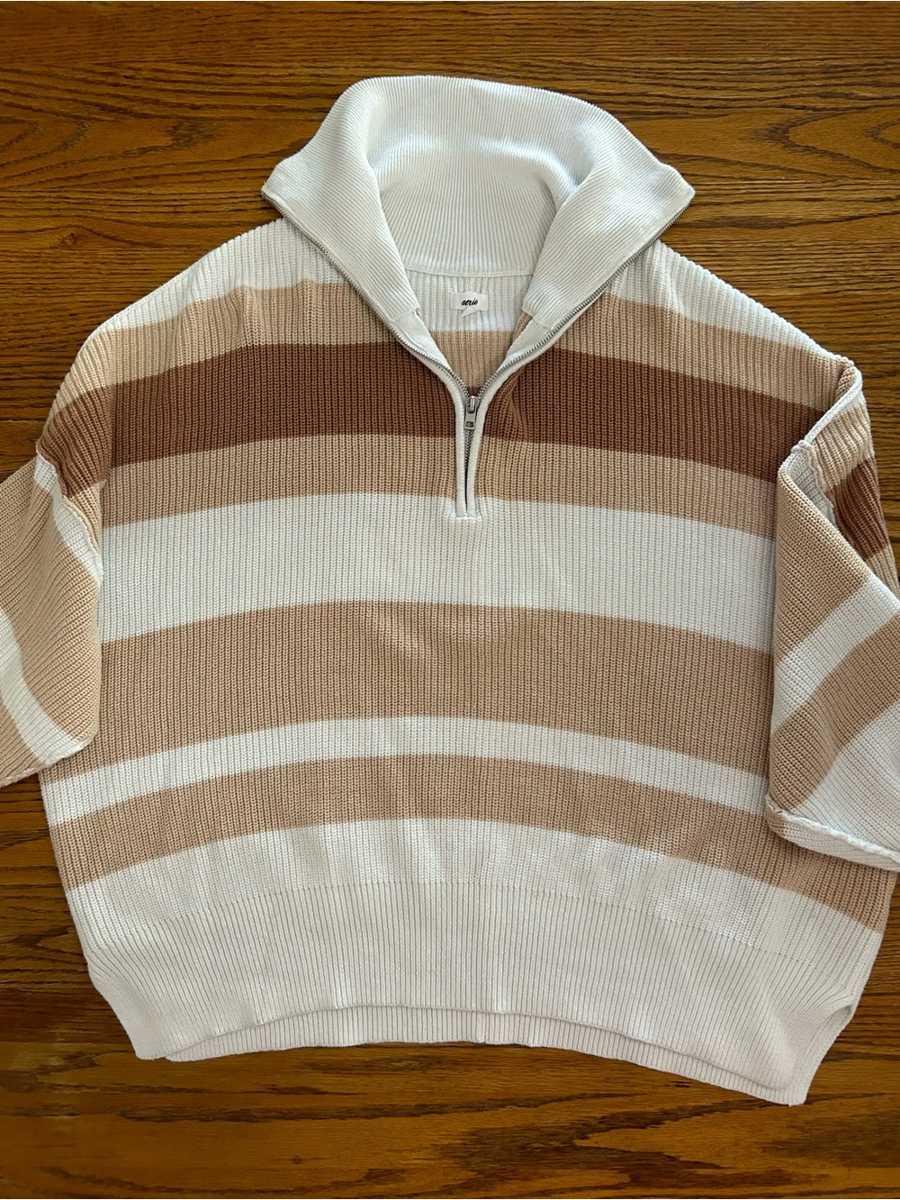 Men's Quarter-Zip Striped Knit Sweater in Cream and Brown